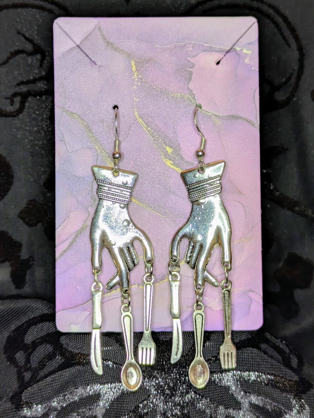 HandMade Three Of Spoons Silver Dangle Earrings
